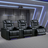 Power Home Theater Seating Set of 3, Brown Faux Leather Electric Recliner Chair with Powered Headrest, Dual Motors Movie Reclining Chairs with LED Lights,USB Port,Cup Holders, Hidden Arm Storage