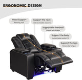 Power Home Theater Seating Set of 3, Brown Faux Leather Electric Recliner Chair with Powered Headrest, Dual Motors Movie Reclining Chairs with LED Lights,USB Port,Cup Holders, Hidden Arm Storage