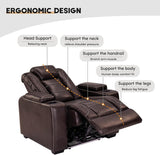 Power Home Theater Seating Set of 3, Brown Faux Leather Electric Recliner Chair with Powered Headrest, Dual Motors Movie Reclining Chairs with LED Lights,USB Port,Cup Holders, Hidden Arm Storage
