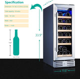 24 inch Wine Cooler, 46 Bottle - Dual Zone Built-in or Freestanding Fridge with Stainless Steel Reversible Glass Door, for Home, Kitchen, or Office.