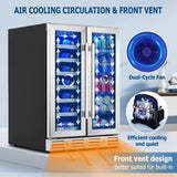 24 inch Wine Cooler, 46 Bottle - Dual Zone Built-in or Freestanding Fridge with Stainless Steel Reversible Glass Door, for Home, Kitchen, or Office.