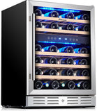 24 inch Wine Cooler, 46 Bottle - Dual Zone Built-in or Freestanding Fridge with Stainless Steel Reversible Glass Door, for Home, Kitchen, or Office.