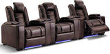 Power Home Theater Seating Set of 3, Brown Faux Leather Electric Recliner Chair with Powered Headrest, Dual Motors Movie Reclining Chairs with LED Lights,USB Port,Cup Holders, Hidden Arm Storage