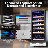 24 inch Wine Cooler, 46 Bottle - Dual Zone Built-in or Freestanding Fridge with Stainless Steel Reversible Glass Door, for Home, Kitchen, or Office.