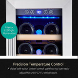 24 inch Wine Cooler, 46 Bottle - Dual Zone Built-in or Freestanding Fridge with Stainless Steel Reversible Glass Door, for Home, Kitchen, or Office.