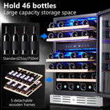 24 inch Wine Cooler, 46 Bottle - Dual Zone Built-in or Freestanding Fridge with Stainless Steel Reversible Glass Door, for Home, Kitchen, or Office.
