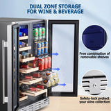 24 inch Wine Cooler, 46 Bottle - Dual Zone Built-in or Freestanding Fridge with Stainless Steel Reversible Glass Door, for Home, Kitchen, or Office.