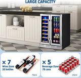 24 inch Wine Cooler, 46 Bottle - Dual Zone Built-in or Freestanding Fridge with Stainless Steel Reversible Glass Door, for Home, Kitchen, or Office.