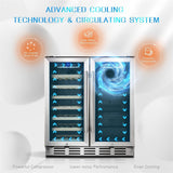 24 inch Wine Cooler, 46 Bottle - Dual Zone Built-in or Freestanding Fridge with Stainless Steel Reversible Glass Door, for Home, Kitchen, or Office.
