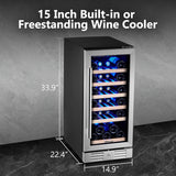 24 inch Wine Cooler, 46 Bottle - Dual Zone Built-in or Freestanding Fridge with Stainless Steel Reversible Glass Door, for Home, Kitchen, or Office.