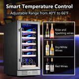 24 inch Wine Cooler, 46 Bottle - Dual Zone Built-in or Freestanding Fridge with Stainless Steel Reversible Glass Door, for Home, Kitchen, or Office.