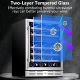 24 inch Wine Cooler, 46 Bottle - Dual Zone Built-in or Freestanding Fridge with Stainless Steel Reversible Glass Door, for Home, Kitchen, or Office.