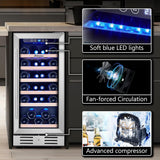 24 inch Wine Cooler, 46 Bottle - Dual Zone Built-in or Freestanding Fridge with Stainless Steel Reversible Glass Door, for Home, Kitchen, or Office.